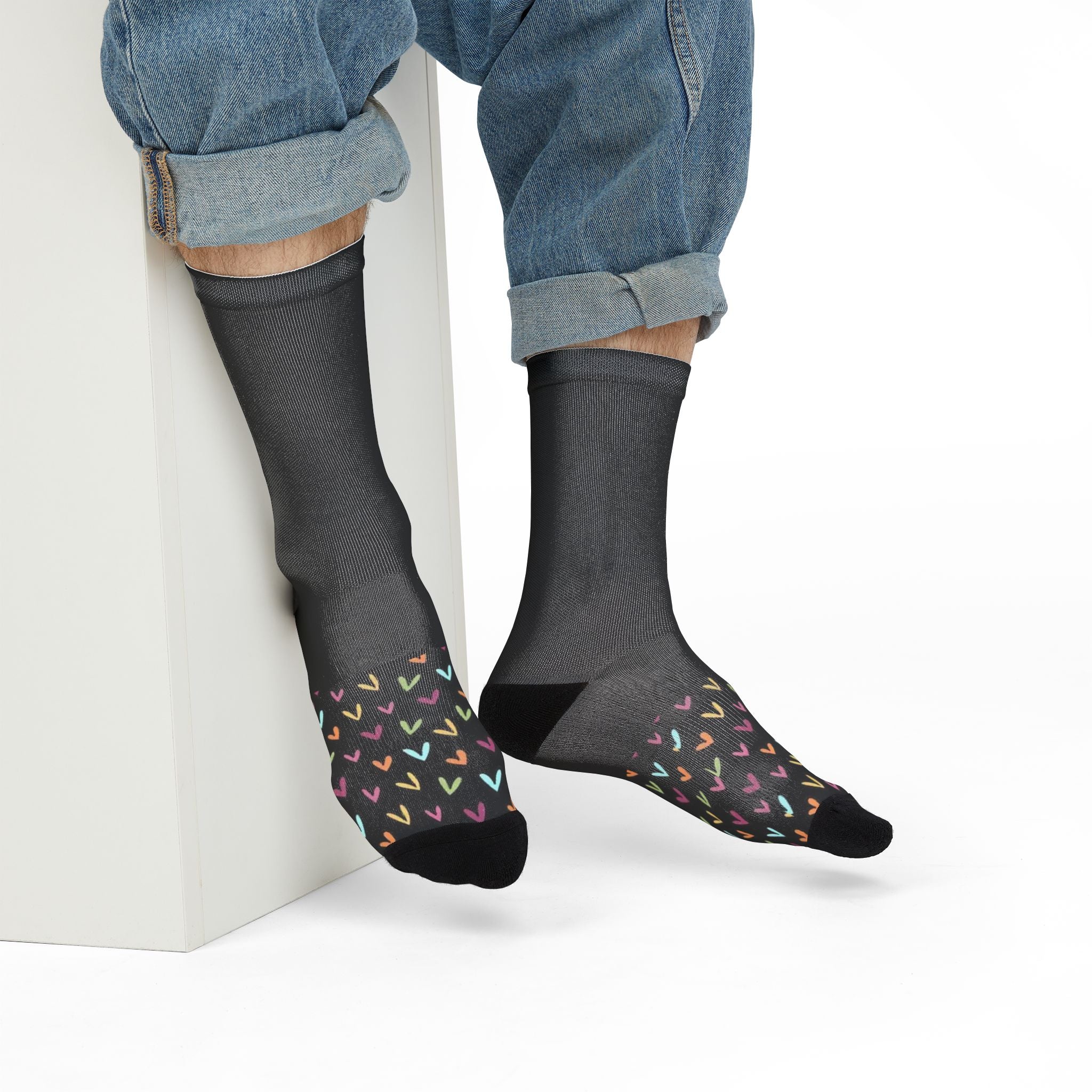 Crew Socks — Colorful Hand-Drawn Hearts Sublimation Socks