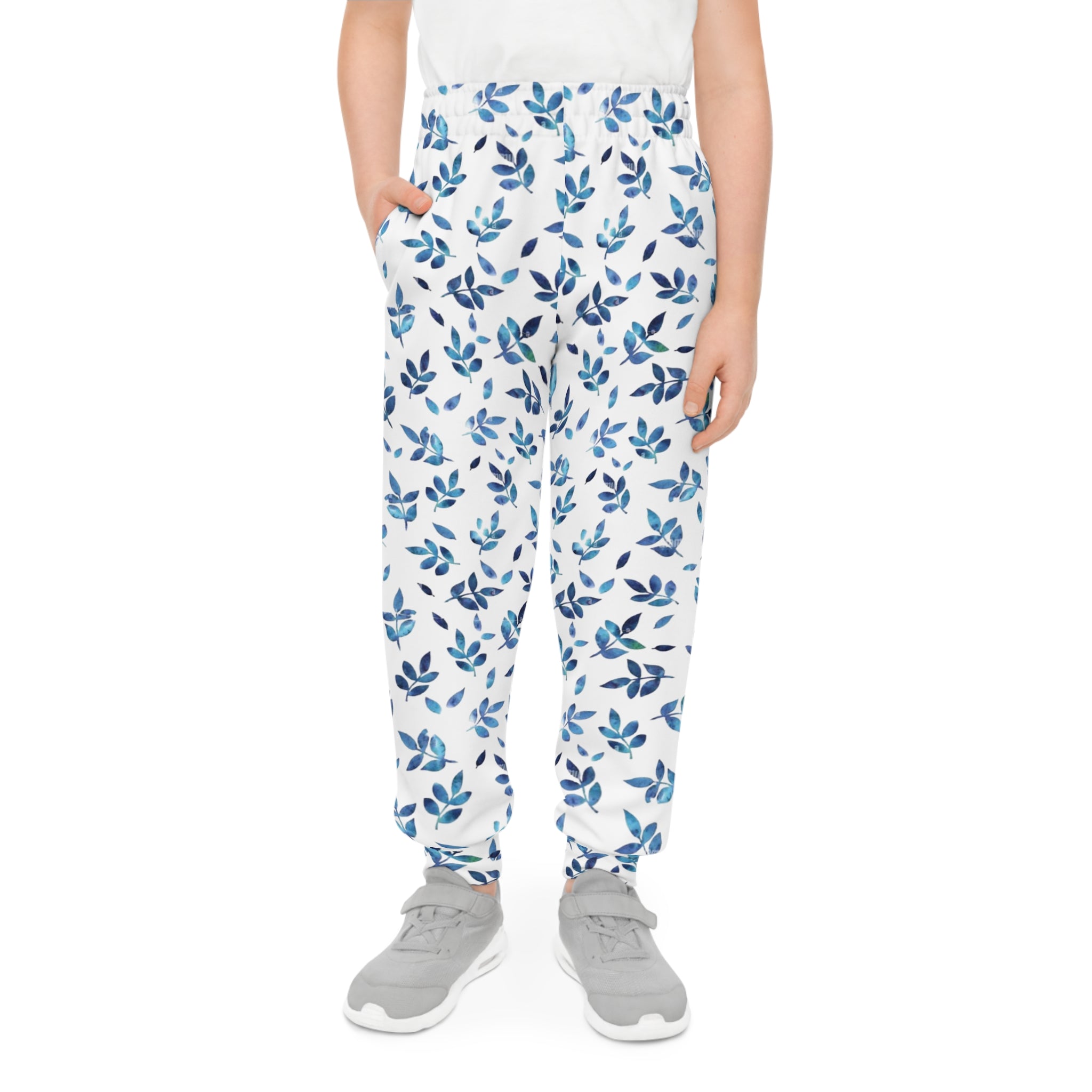 Blue Watercolor Leaf Youth Joggers — Kids All-Over Print Cozy Sweatpants