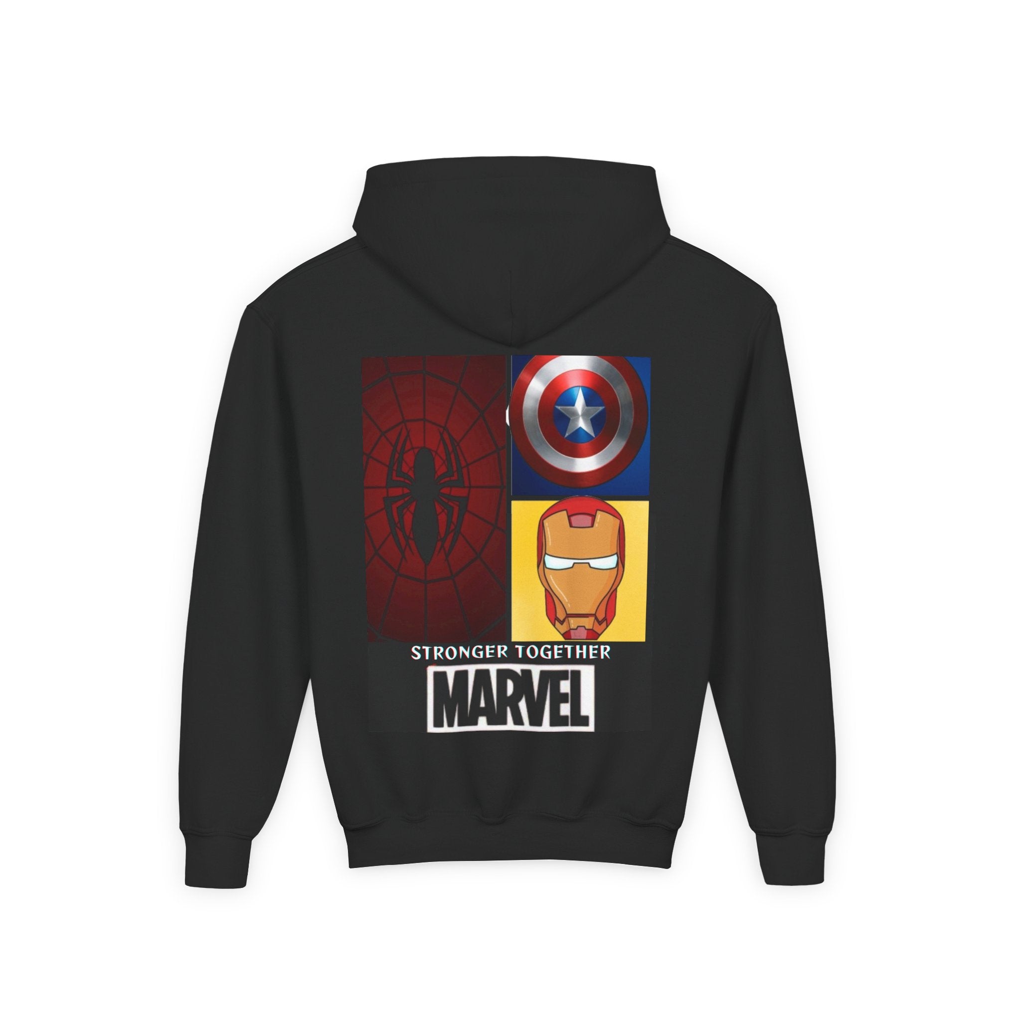 Marvel Heroes Youth Hoodie — "Stronger Together" Kids Sweatshirt (Spider-Man, Captain America, Iron Man)