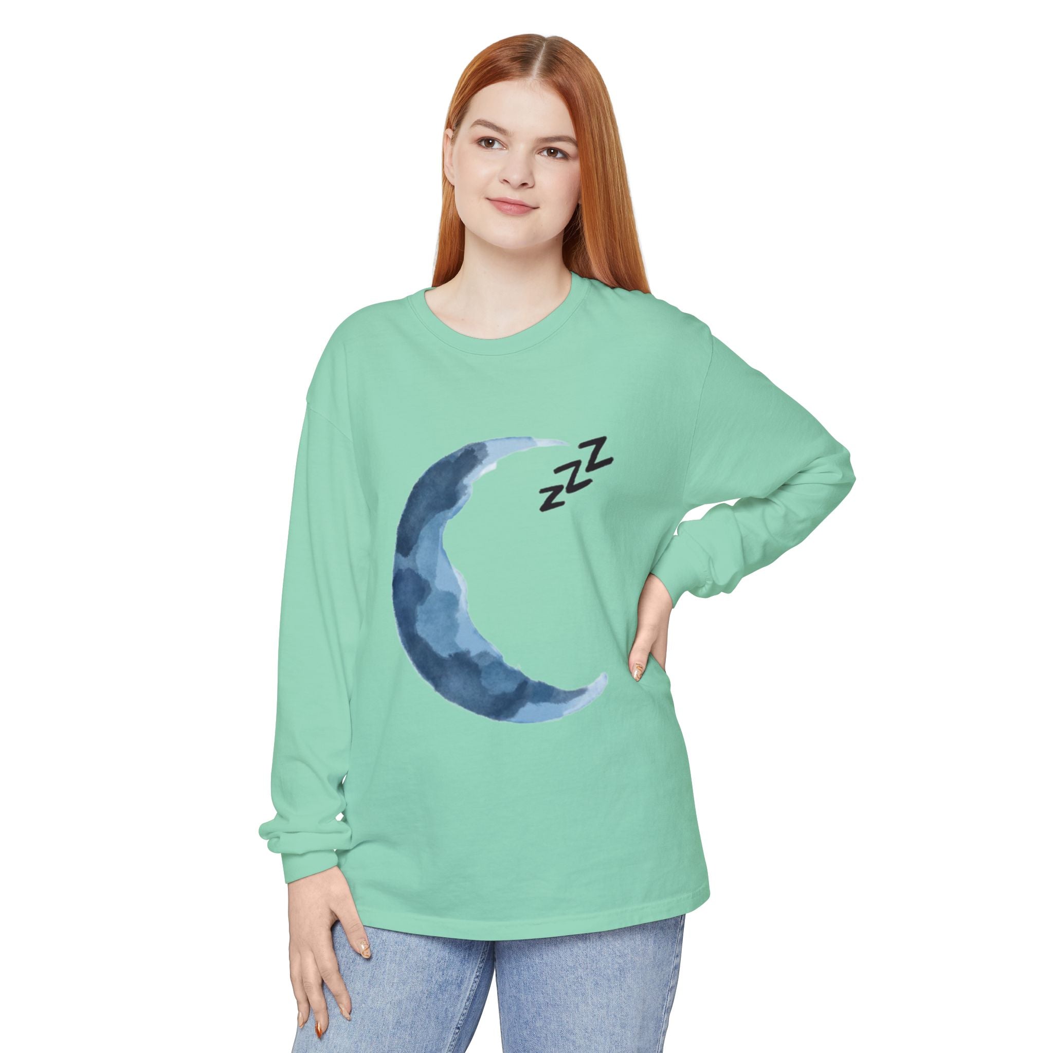 Unisex Dreamy Long Sleeve Tee, Sleep Shirt, Cozy Layer, Nightwear, Sweet Dreams, Moon Design, Relaxation Apparel