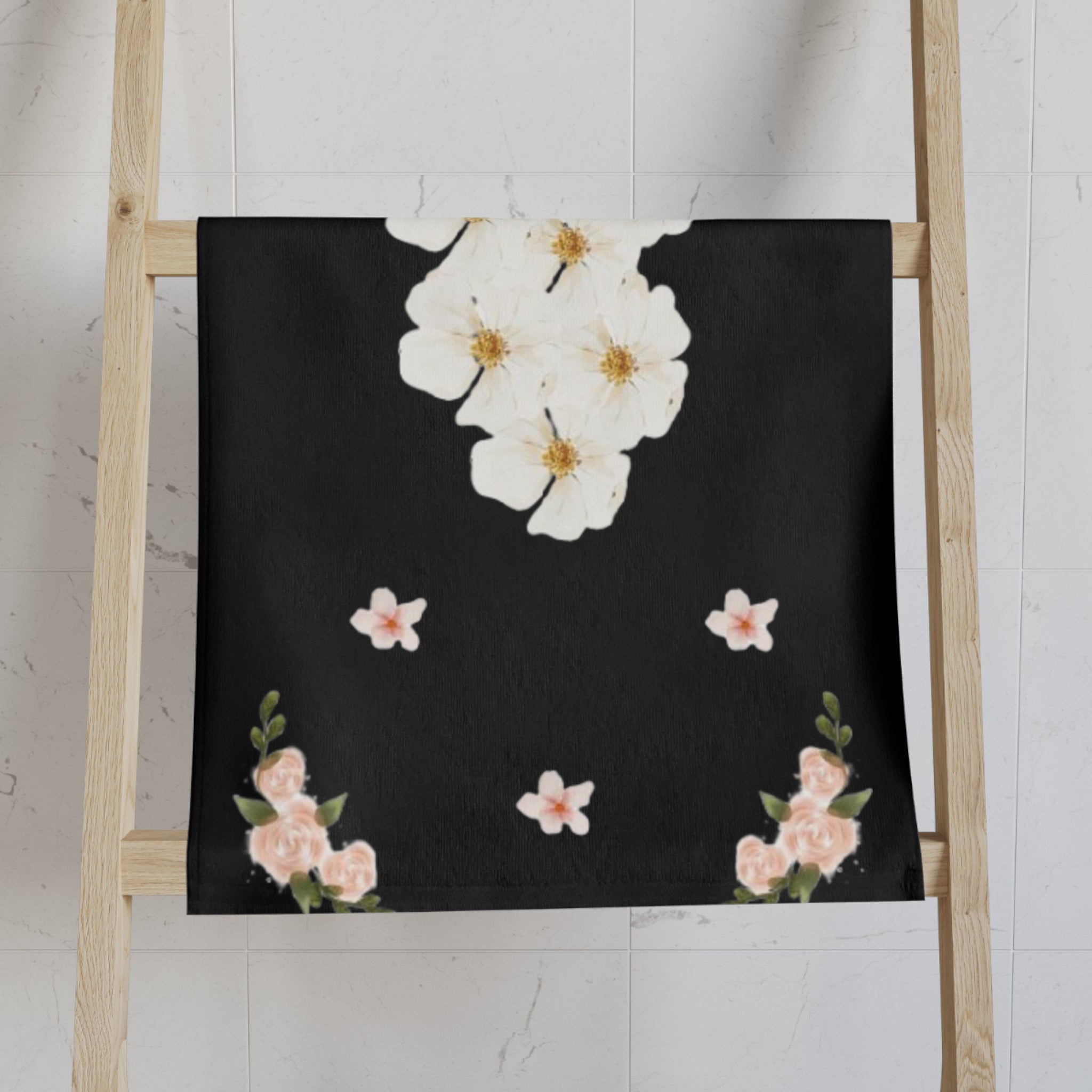 Floral White Blossoms Hand Towel — Elegant Black Botanical Kitchen & Bath Accent