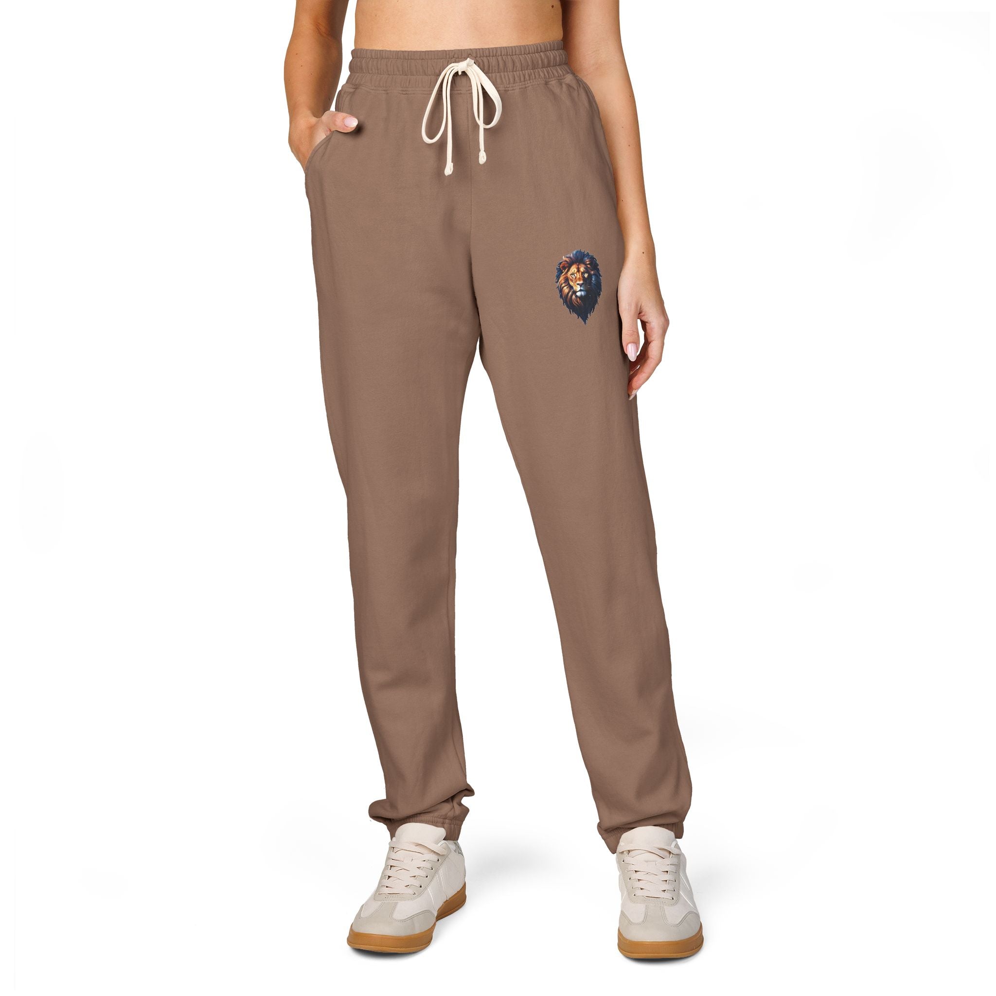 Lion Design Garment-Dyed Fleece Sweatpants, Stylish Lounge Pants, Cozy Athleisure Bottoms, Gift for Animal Lovers, Casual Wear
