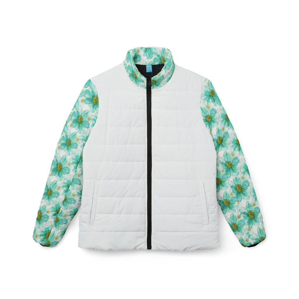 Floral Green Daisy Women’s Puffer Jacket — Lightweight Reversible Winter Coat