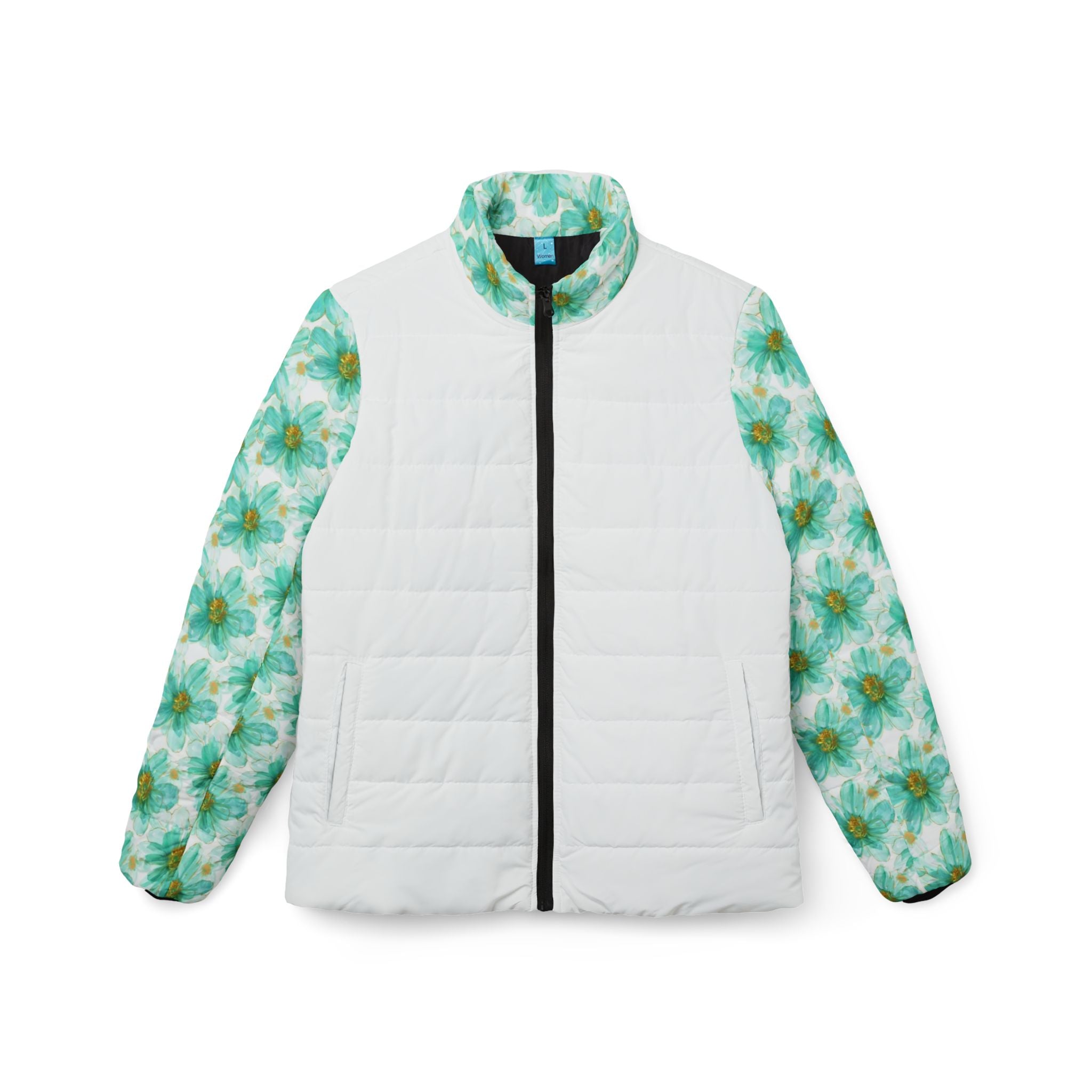 Floral Green Daisy Women’s Puffer Jacket — Lightweight Reversible Winter Coat