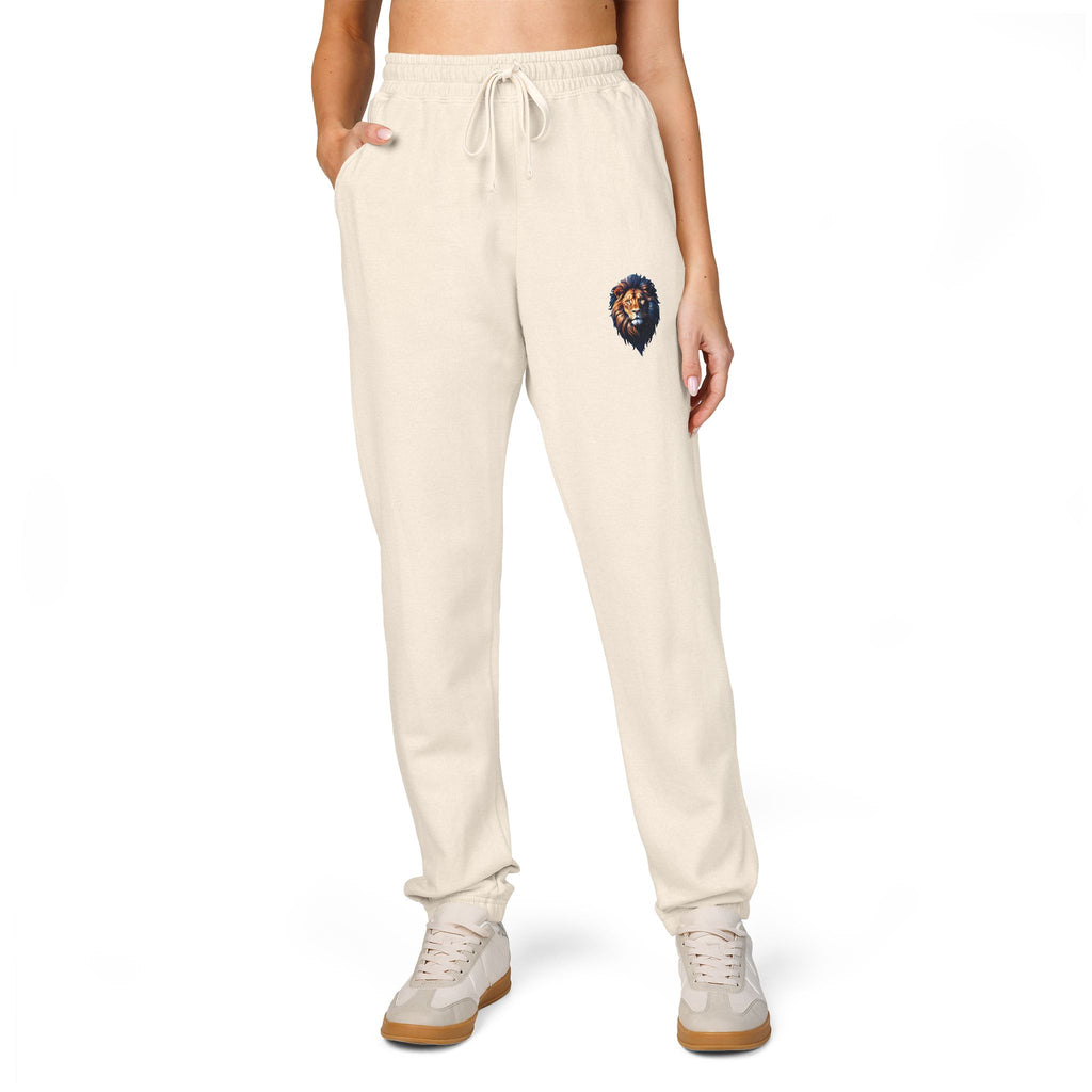Lion Design Garment-Dyed Fleece Sweatpants, Stylish Lounge Pants, Cozy Athleisure Bottoms, Gift for Animal Lovers, Casual Wear
