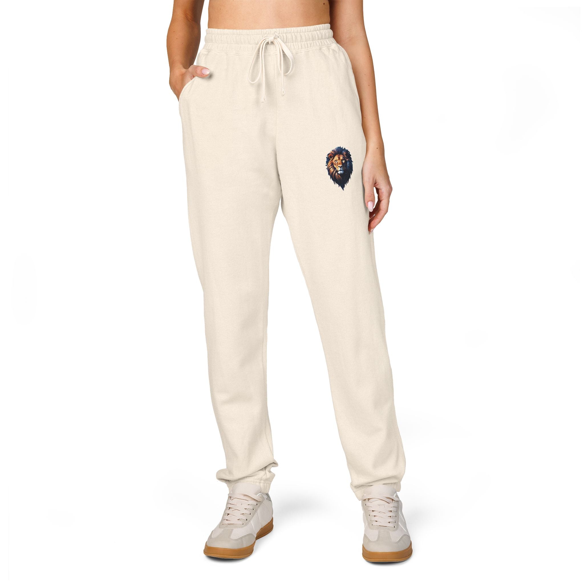 Lion Design Garment-Dyed Fleece Sweatpants, Stylish Lounge Pants, Cozy Athleisure Bottoms, Gift for Animal Lovers, Casual Wear