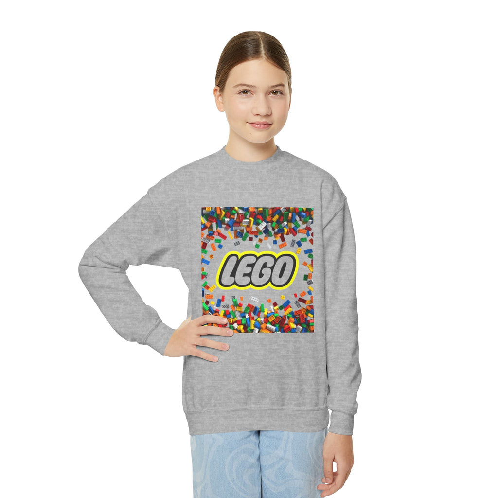 LEGO-Inspired Youth Crewneck Sweatshirt – Colorful Brick Confetti Graphic