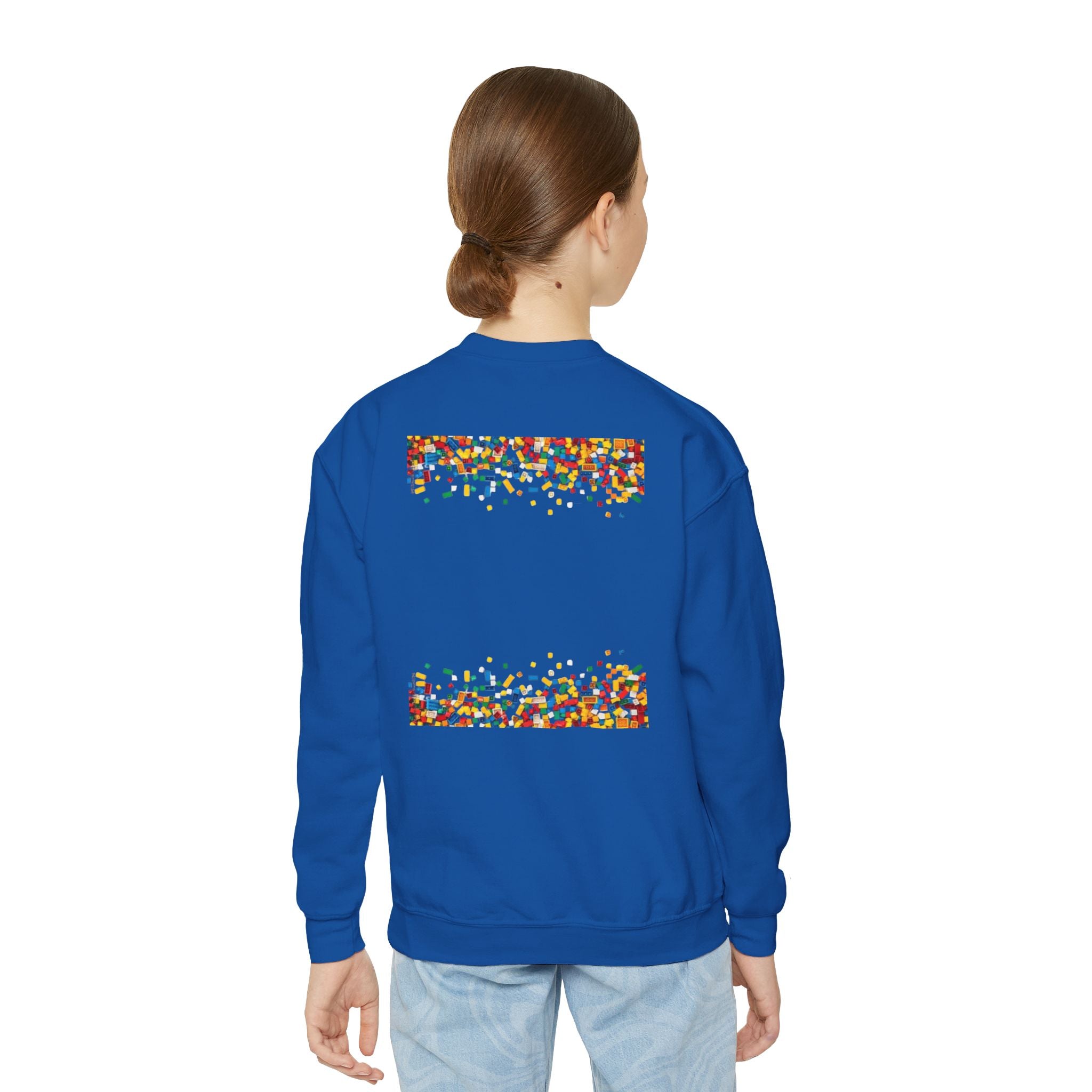 LEGO-Inspired Youth Crewneck Sweatshirt – Colorful Brick Confetti Graphic