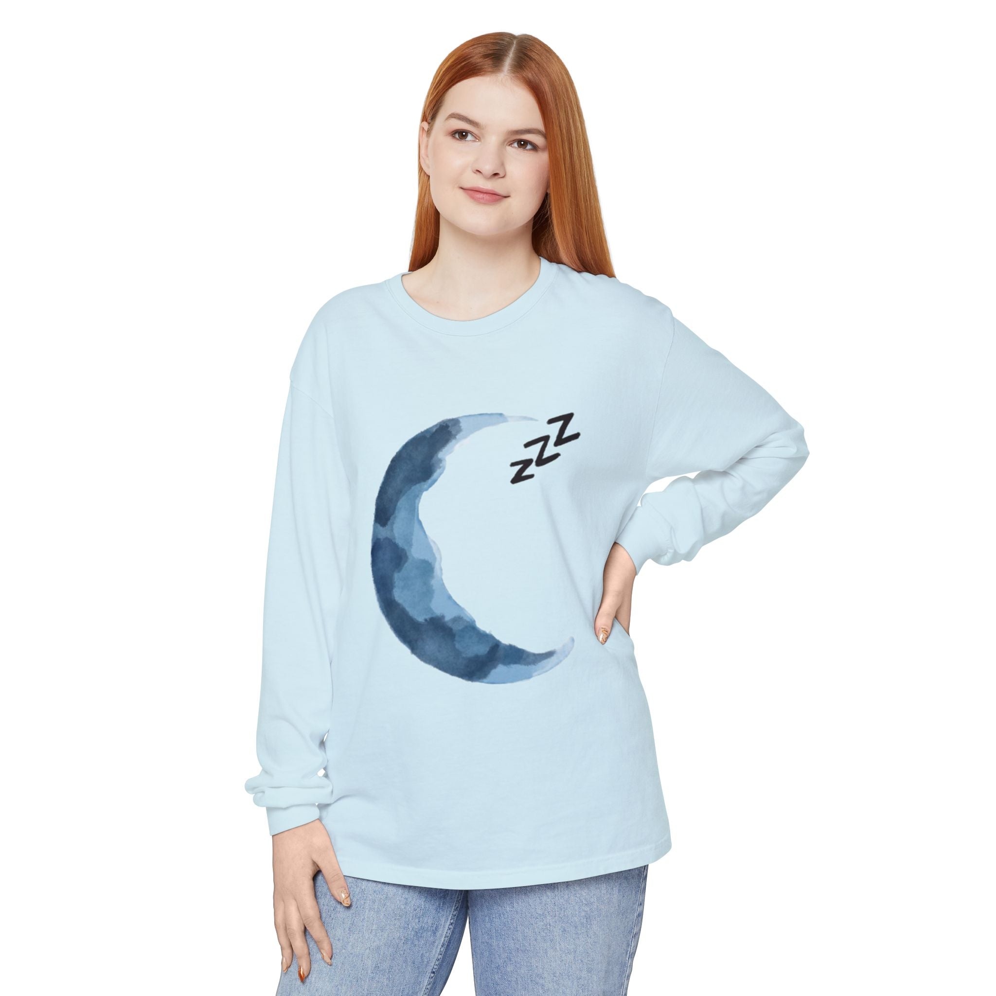 Unisex Dreamy Long Sleeve Tee, Sleep Shirt, Cozy Layer, Nightwear, Sweet Dreams, Moon Design, Relaxation Apparel