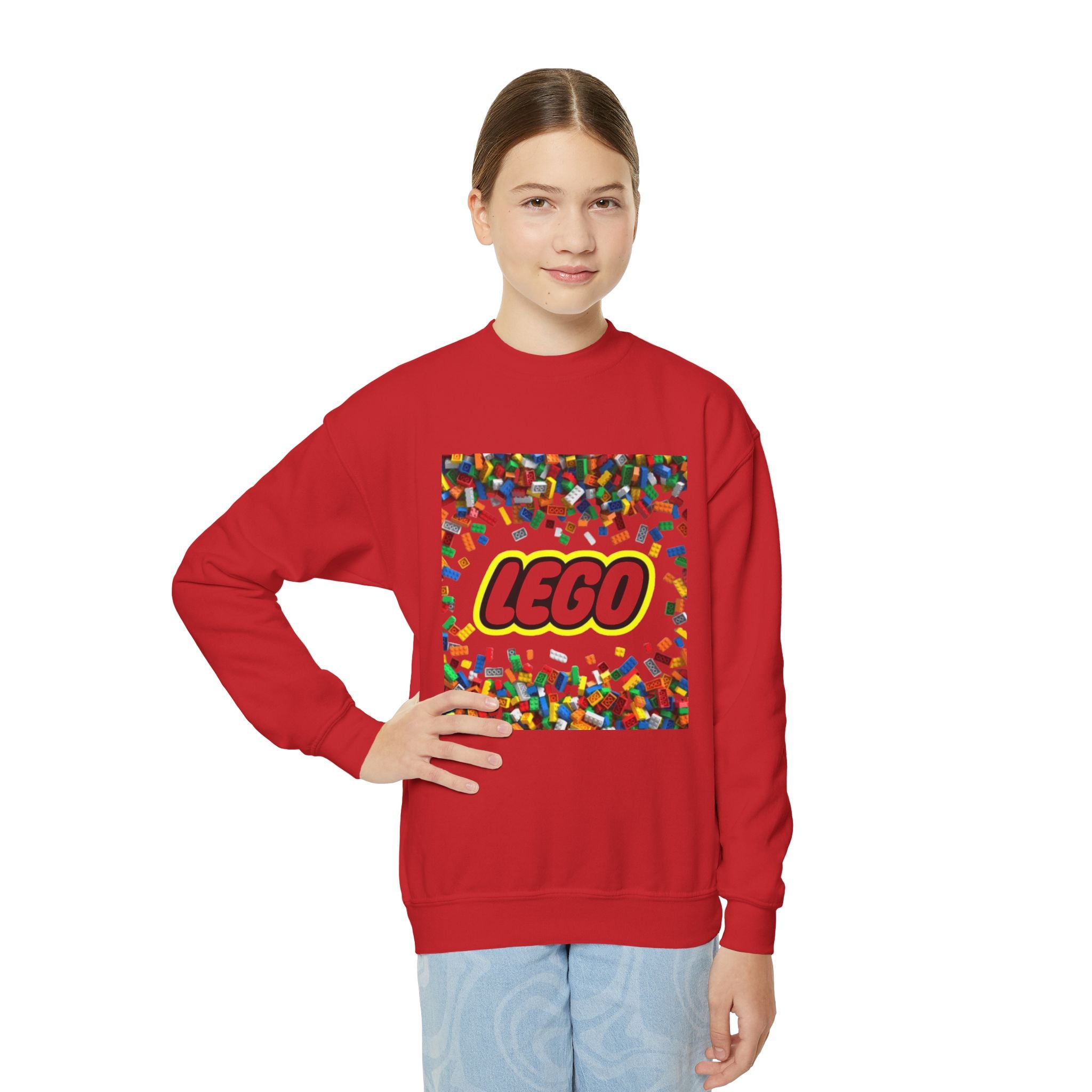 LEGO-Inspired Youth Crewneck Sweatshirt – Colorful Brick Confetti Graphic
