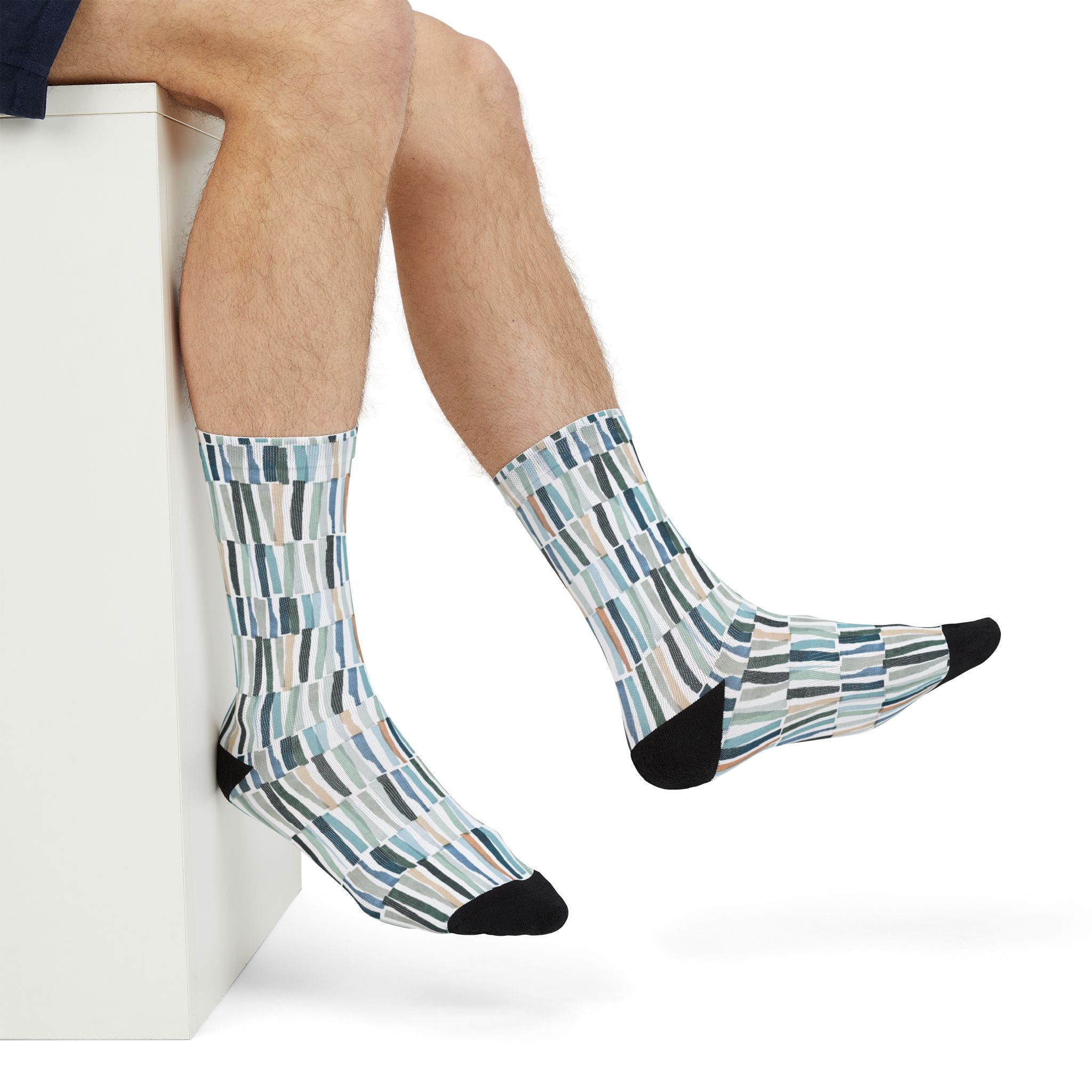 Abstract Watercolor Tile Crew Socks – Blue Geometric Sublimation Socks
