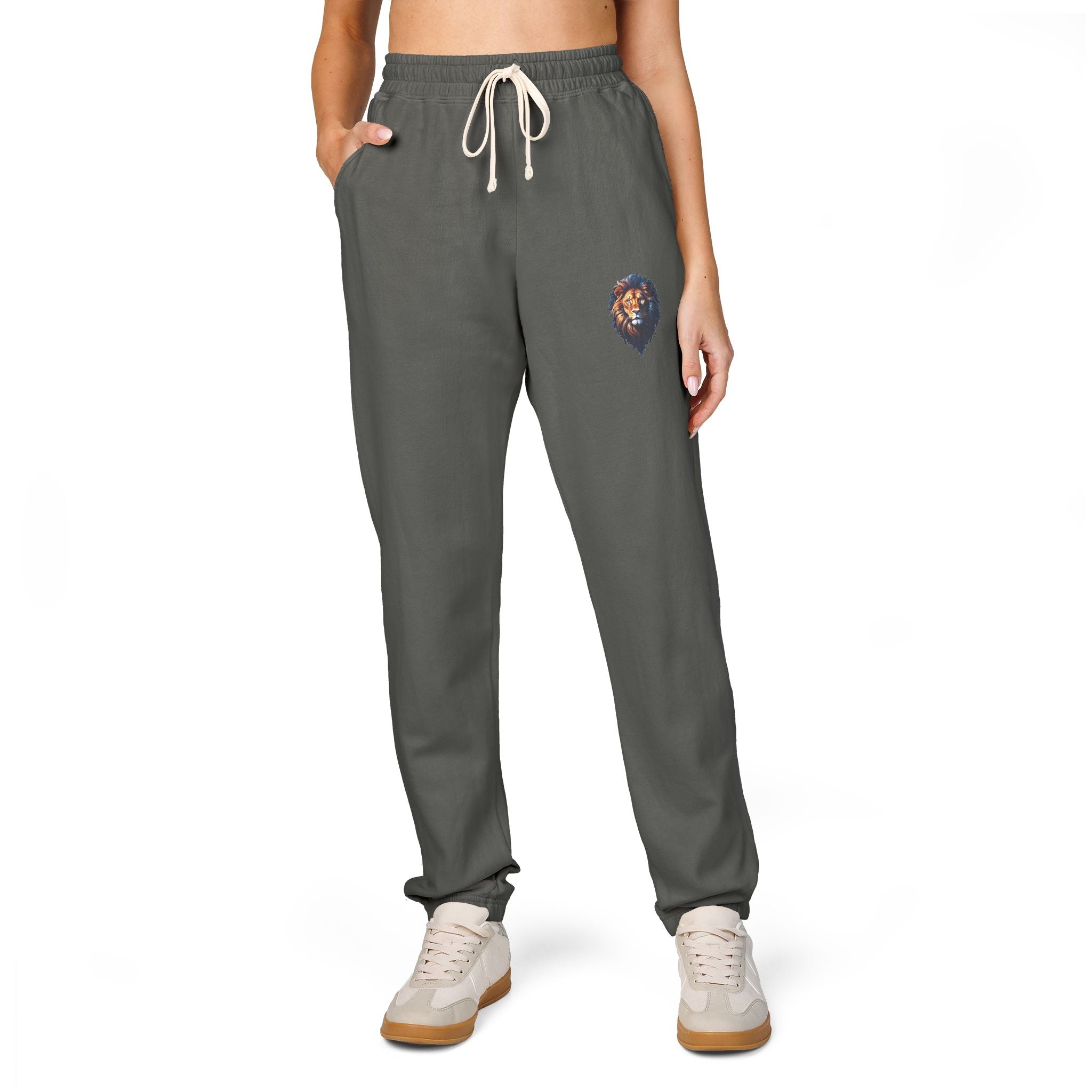 Lion Design Garment-Dyed Fleece Sweatpants, Stylish Lounge Pants, Cozy Athleisure Bottoms, Gift for Animal Lovers, Casual Wear