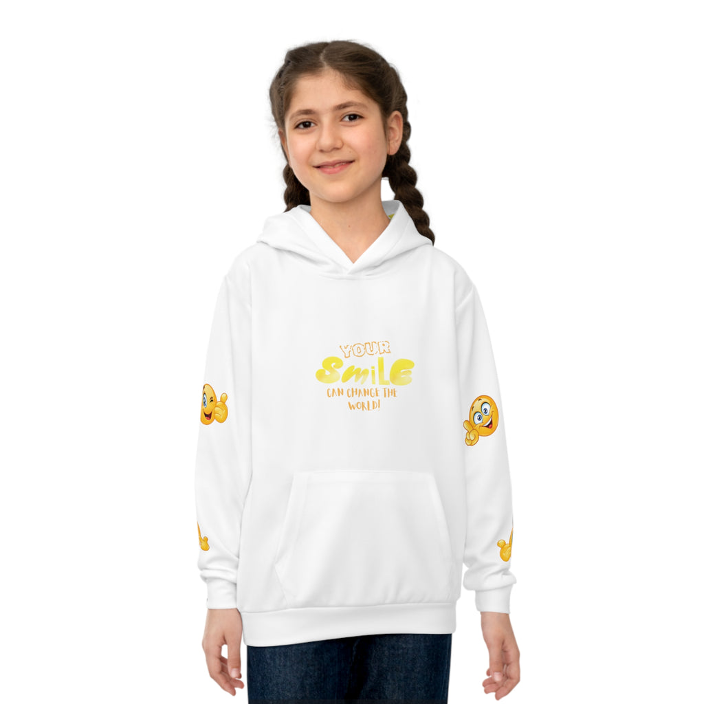 Kids Hoodie — Yellow Smiley Face Graphic "Wear a Smile"