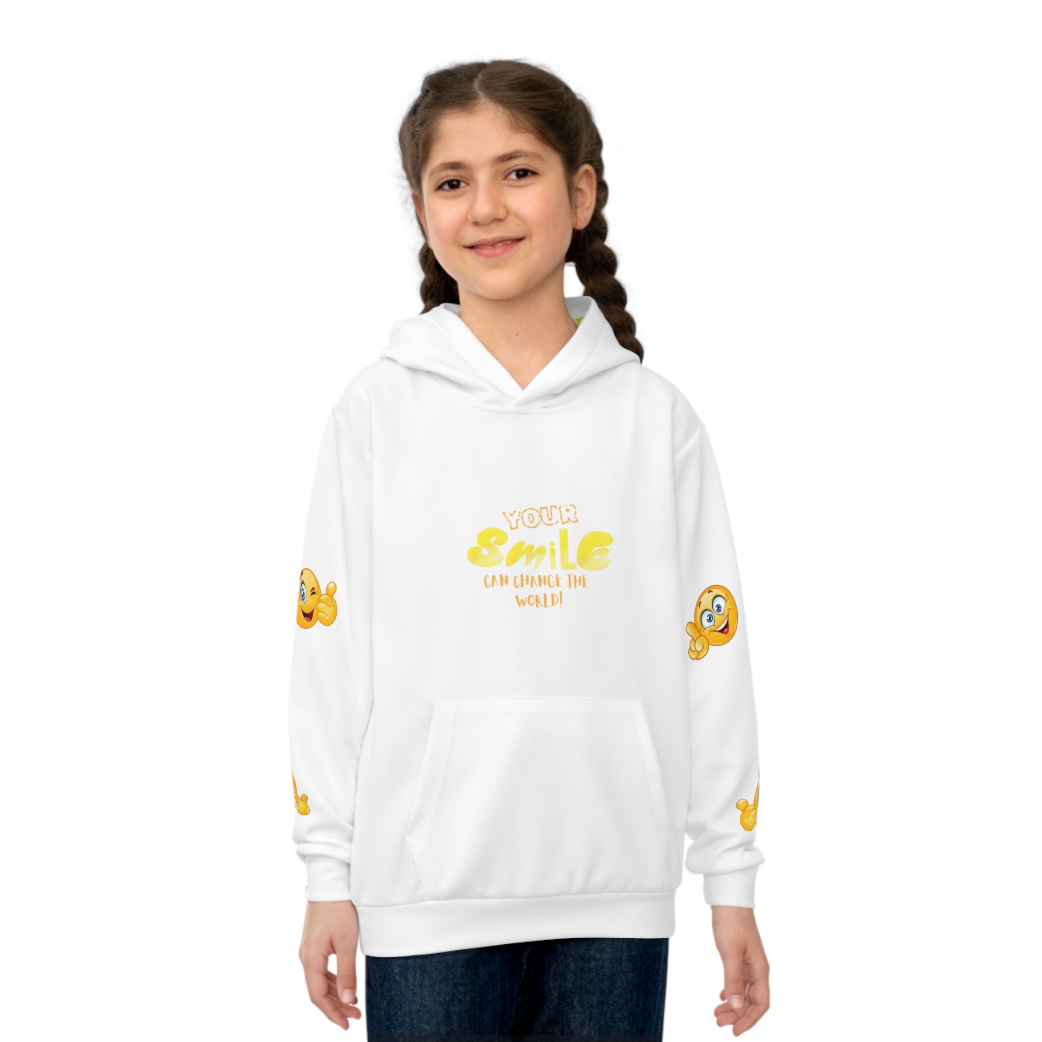 Kids Hoodie — Yellow Smiley Face Graphic "Wear a Smile"