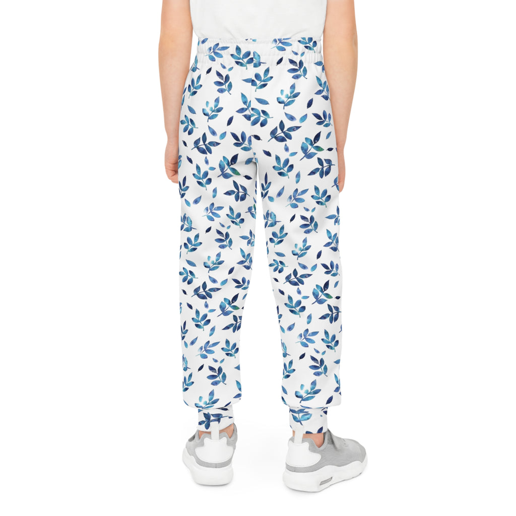 Blue Watercolor Leaf Youth Joggers — Kids All-Over Print Cozy Sweatpants