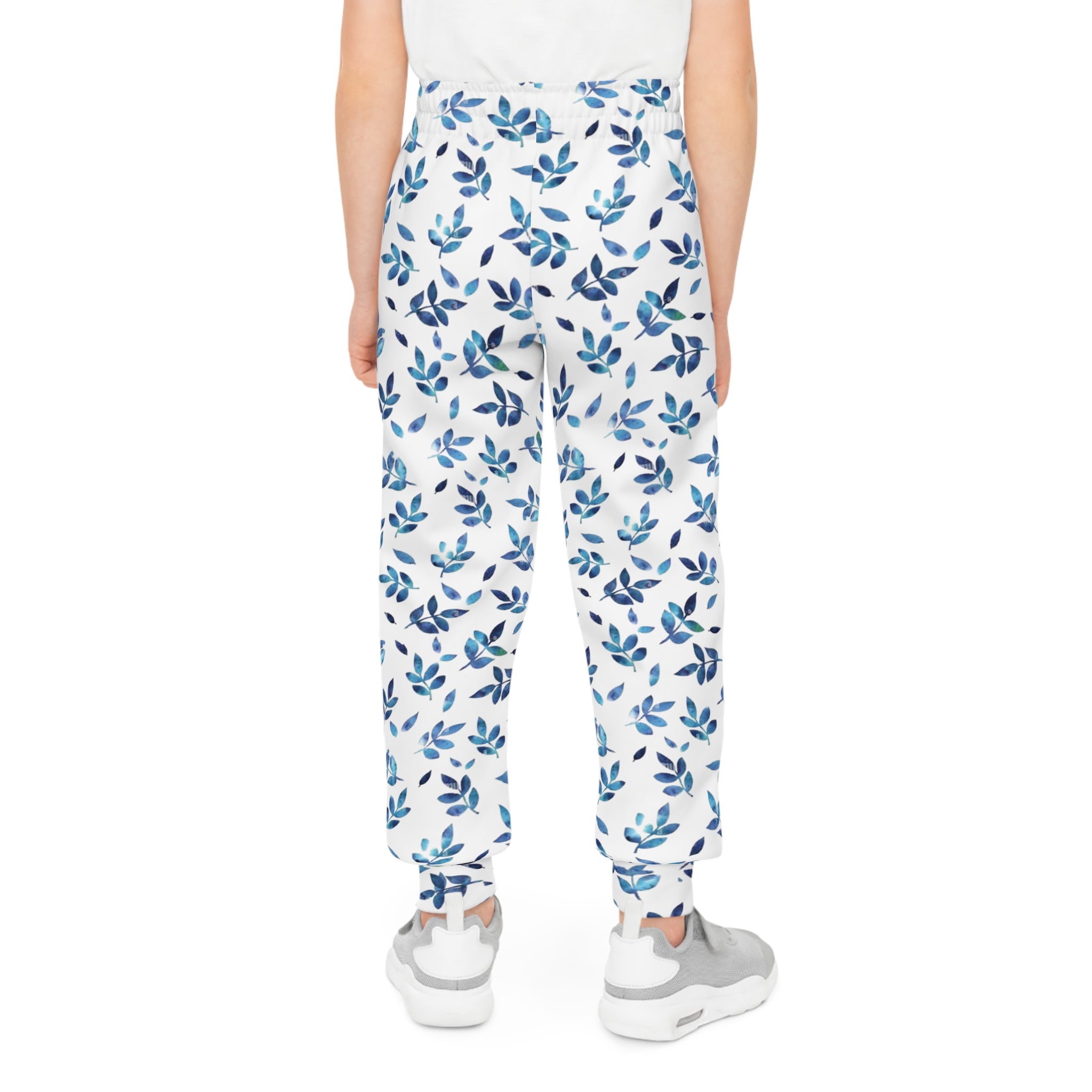 Blue Watercolor Leaf Youth Joggers — Kids All-Over Print Cozy Sweatpants