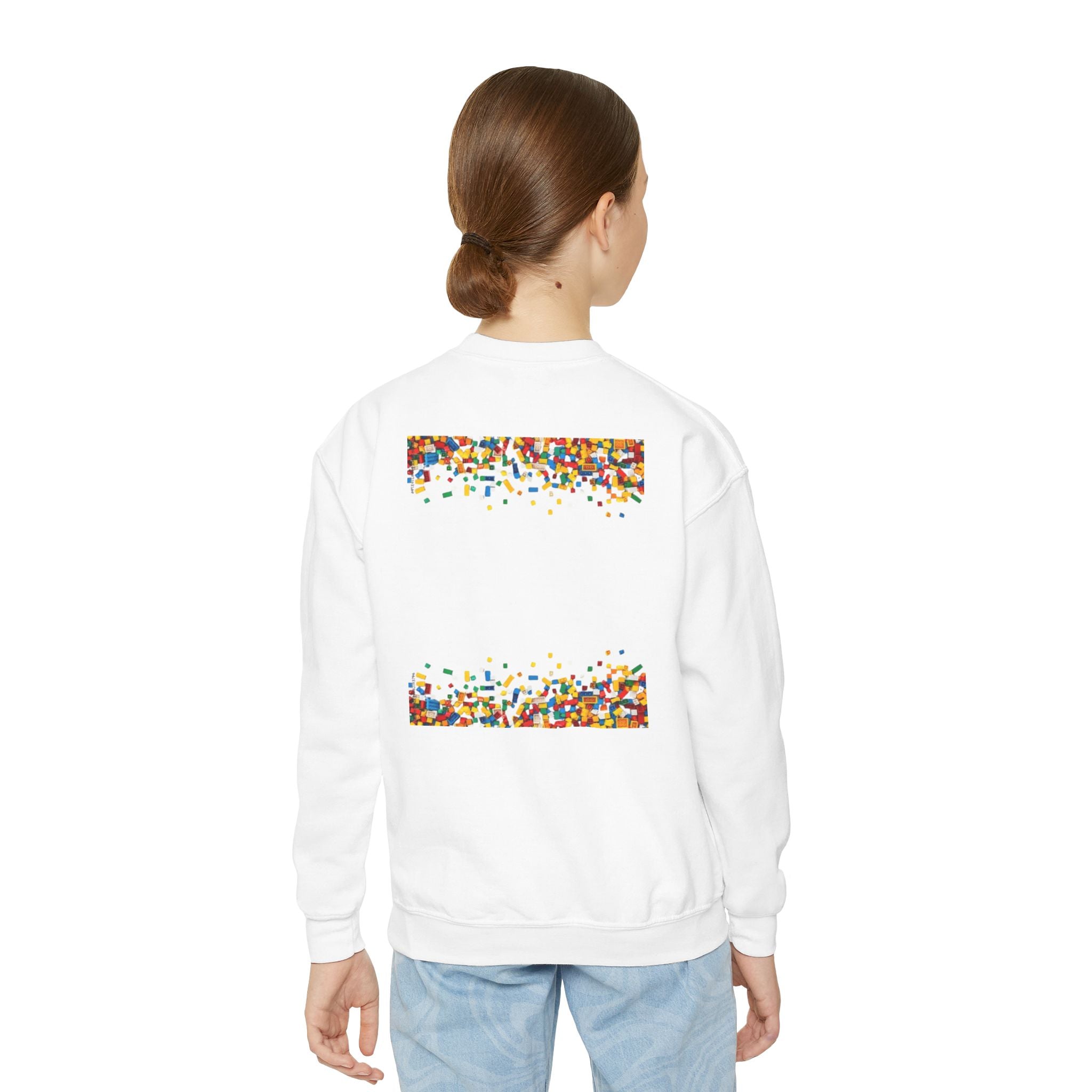 LEGO-Inspired Youth Crewneck Sweatshirt – Colorful Brick Confetti Graphic