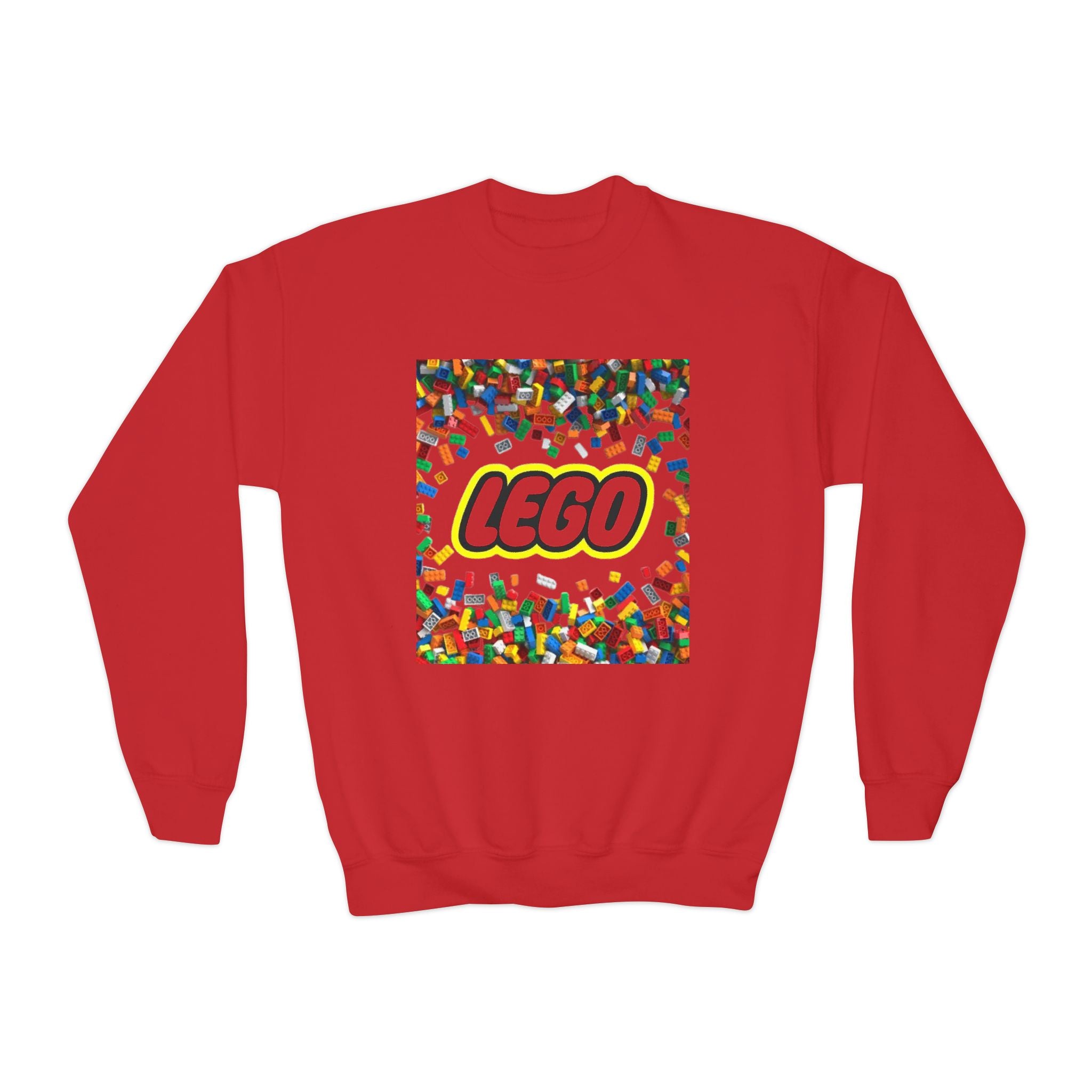 LEGO-Inspired Youth Crewneck Sweatshirt – Colorful Brick Confetti Graphic