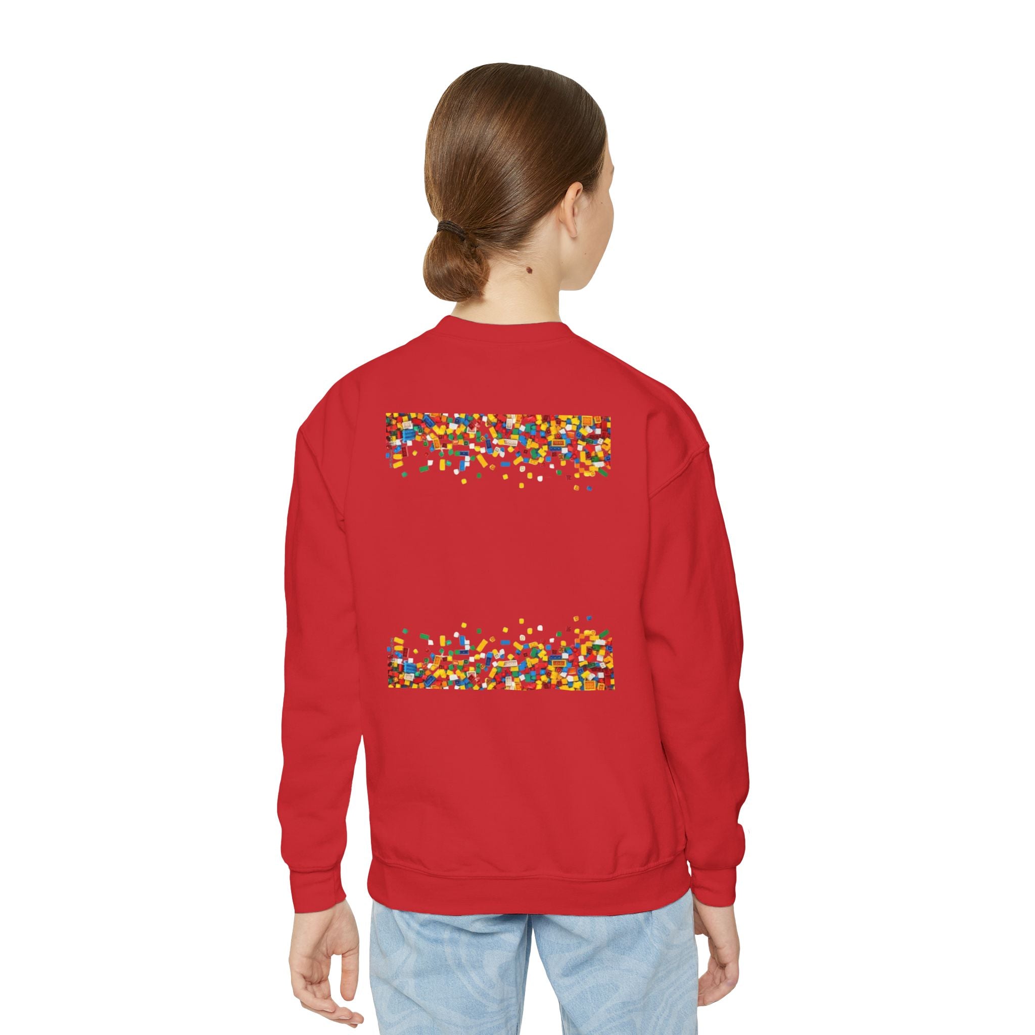 LEGO-Inspired Youth Crewneck Sweatshirt – Colorful Brick Confetti Graphic