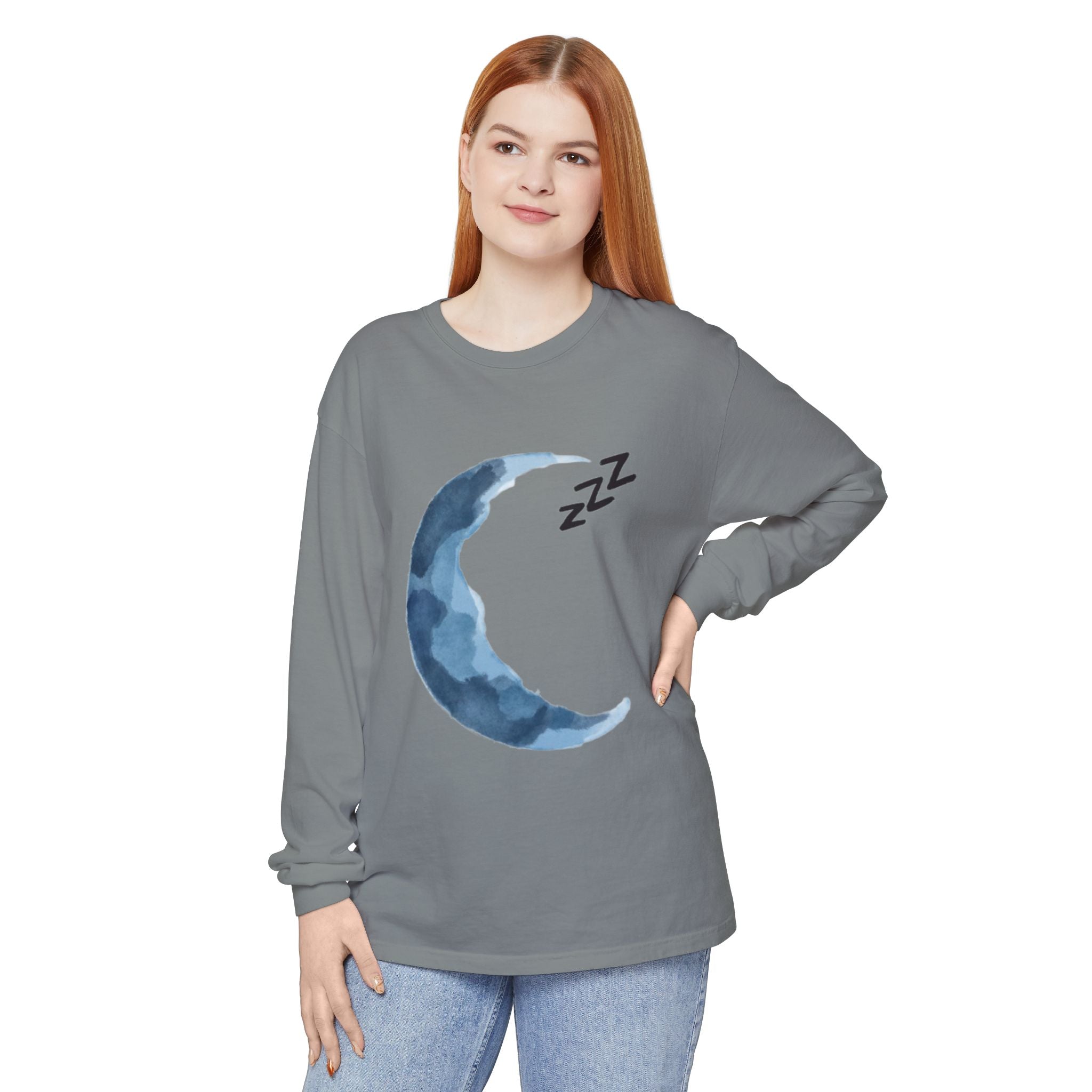 Unisex Dreamy Long Sleeve Tee, Sleep Shirt, Cozy Layer, Nightwear, Sweet Dreams, Moon Design, Relaxation Apparel