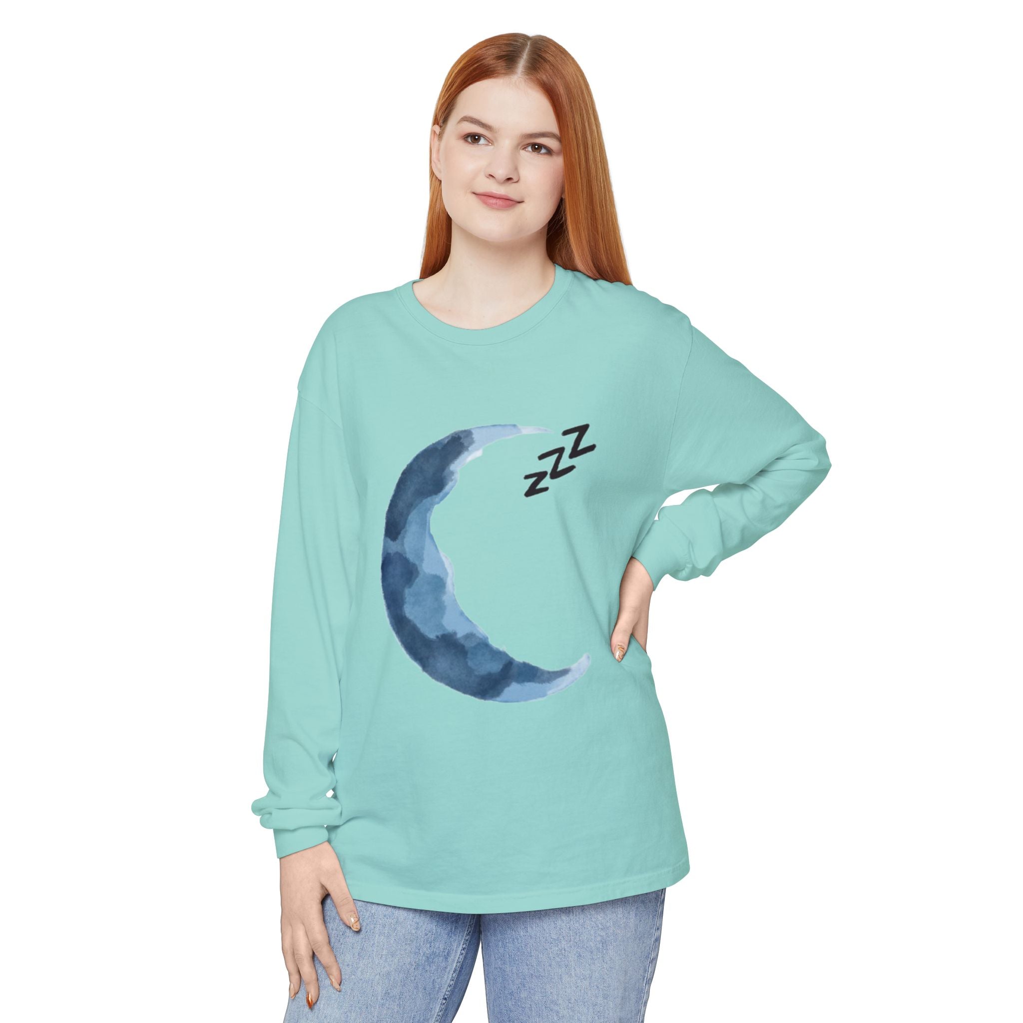 Unisex Dreamy Long Sleeve Tee, Sleep Shirt, Cozy Layer, Nightwear, Sweet Dreams, Moon Design, Relaxation Apparel